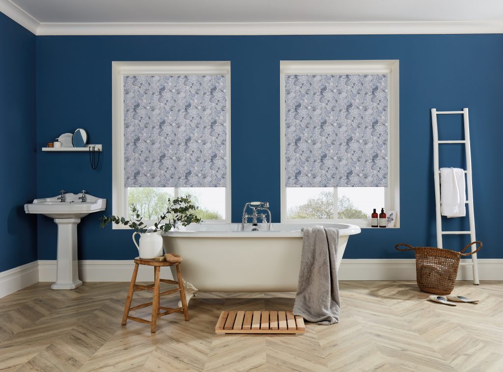 twin set of perfect fit blinds in blue coloured bathroom