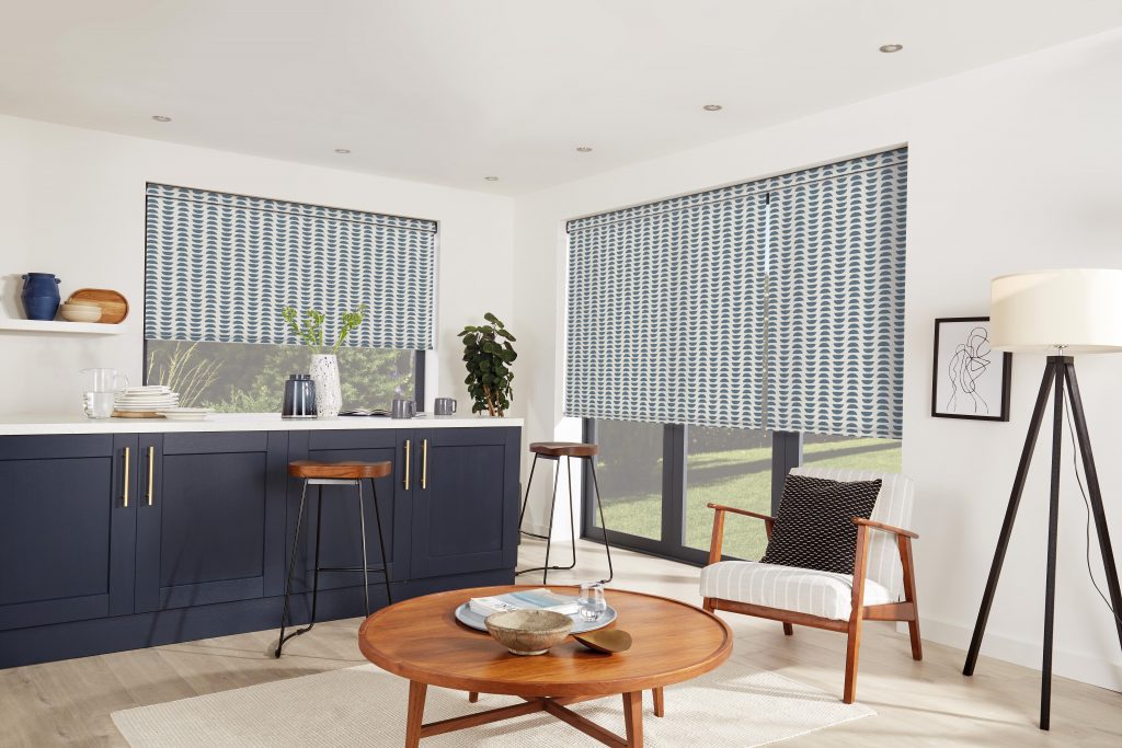 blue and white roller blinds
